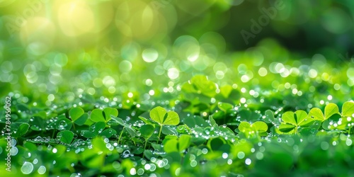 Vibrant green clover leaves sprinkled with fresh morning dew, embodying the freshness of nature.