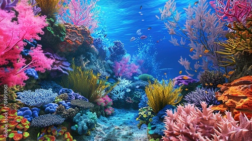 Virtual reality coral reef  vibrant close-up  eye-level  3D modeled marine life  illuminated depths 