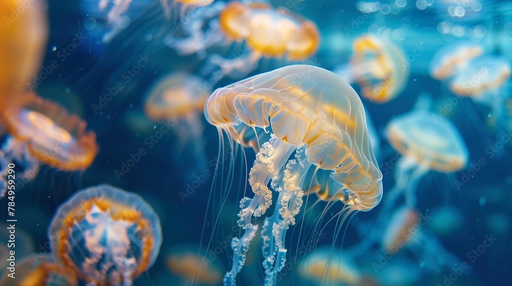 Jellyfish ballet, ethereal float, close-up, straight-on angle, marine dance, luminescent grace Jellyfish ballet, ethereal float, close-up, straight-on angle, marine dance, luminescent grace