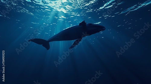 Whale silhouette, deep blue, close-up, low angle, majestic marine shadow, serene vastness  © Thanthara