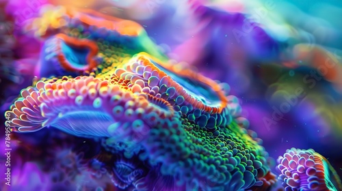 Coral macro  vibrant ecosystem  close-up  eye-level  abstract underwater garden  rainbow hues 