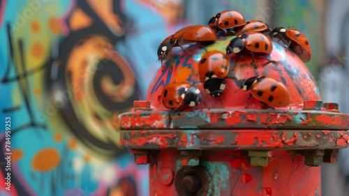 A of ladybugs gathered on top of a graffiticovered fire hydrant adding a touch of whimsy to the urban landscape. photo