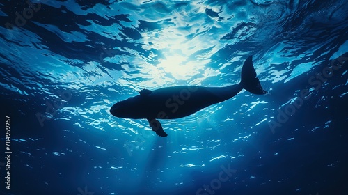 Whale silhouette, deep blue, close-up, low angle, majestic marine shadow, serene vastness 