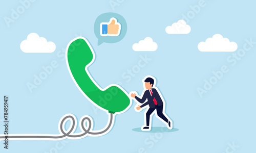 Telemarketing expert generates leads or sales by calling prospects and clients with successful promotions, concept of The salesman representative talks the phone, giving a thumbs up positive feedback
