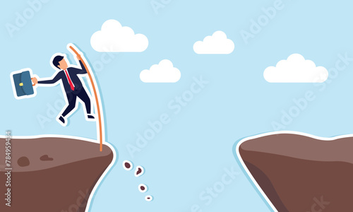 Leader's determination and skill overcome difficulties for business success, concept of Confident businessman pole vaults over a cliff gap