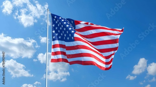 USA flag waving against blue sky photo