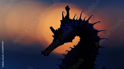 Seahorse silhouette, close-up, straight-on shot, marine elegance, shadow play, dusk light  © Thanthara
