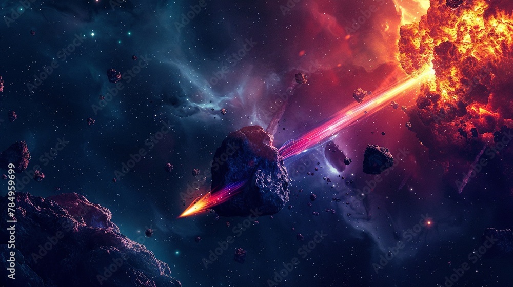 Space abstract background, burning comet, flash, laser through the stone, bright colors Space abstract background, burning comet, flash, laser through the stone, bright colors