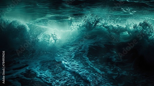Phosphorescent waves, cresting, close-up, low angle, ocean's luminescence, serene darkness