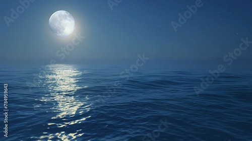 Moon over calm sea, close-up, high-angle, night's sentinel, tranquil water 