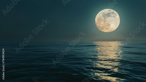Moon over calm sea, close-up, high-angle, night's sentinel, tranquil water 