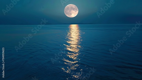 Moon over calm sea, close-up, high-angle, night's sentinel, tranquil water 