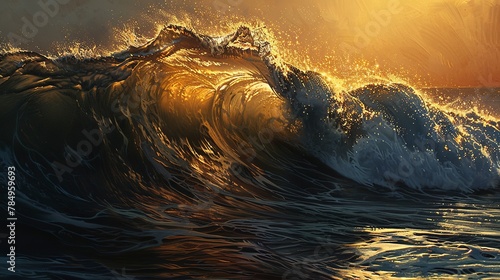 Cresting wave, sunlit edge, close-up, low angle, dynamic ocean rhythm, golden hour