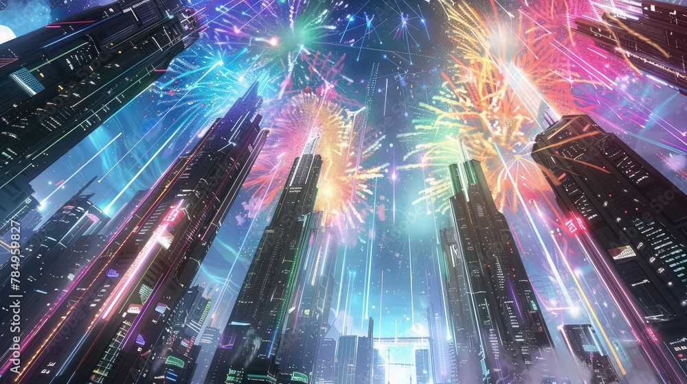 A beautiful moment captured as fireworks light up the sky above a series of modern skyscrapers. 