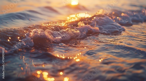 Gentle waves, sunset glow, close-up, ground-level shot, ocean's soft caress, evening light