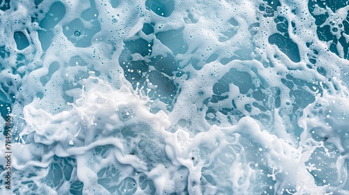 Surf foam patterns, close-up, high-angle, ocean's lace, white on blue, intricate detail 