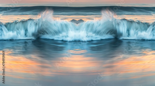 Wave symmetry, approaching shore, close-up, straight-on shot, natural architecture, morning calm 
