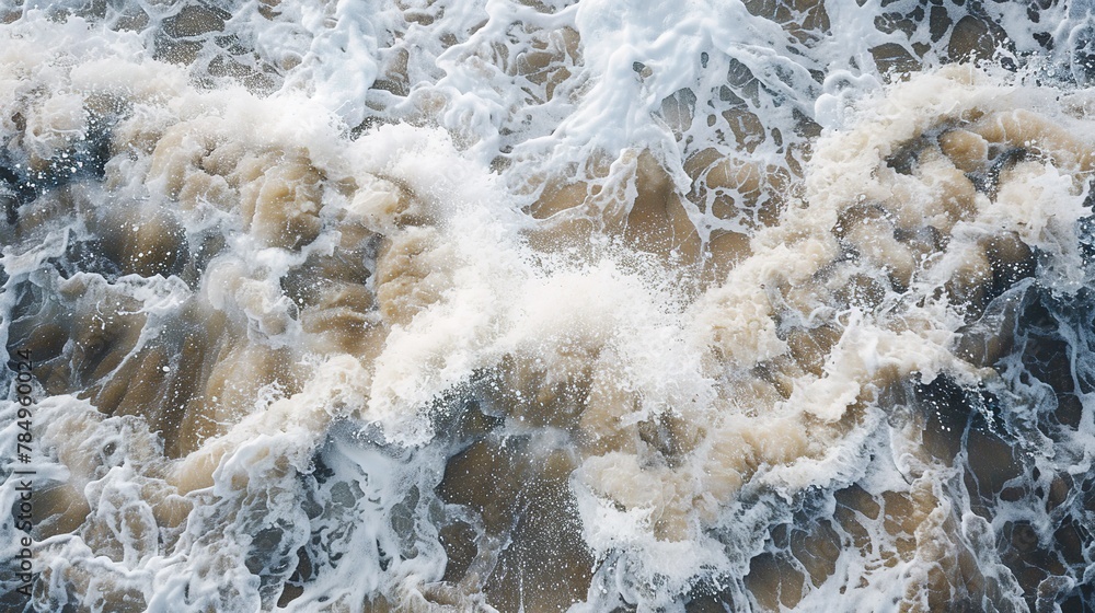 Fototapeta premium Waves crashing on shore, top-down view, close-up, foam lace, coastline's embrace 