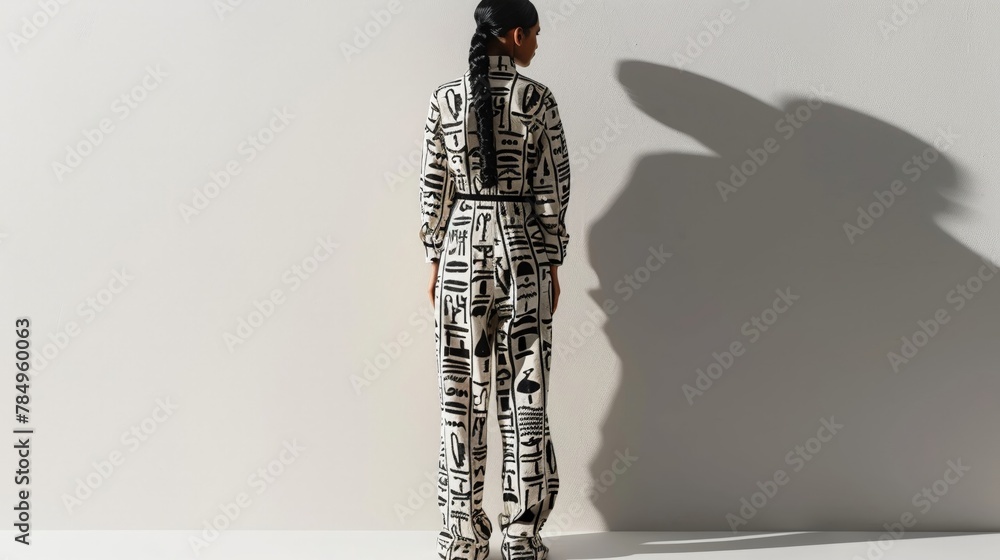 A sleek jumpsuit adorned with ancient hieroglyphs, set against a white background, merging the past with modern fashion, A sleek jumpsuit adorned with ancient hieroglyphs, set against a white background, merging the past with modern fashion,