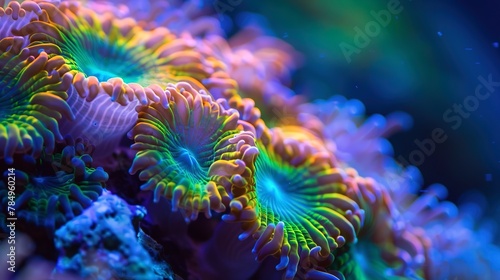 Coral polyps opening  vibrant hues  close-up  eye-level  reef life  soft glow