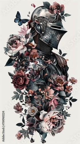 Tattoo style depiction of a warrior wearing armor and a helmet, entwined with a lot of flowers, set against a white background for contrast, 