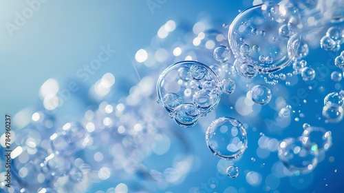 Bubble trails rising, close-up, straight-on angle, silent ascent, clear blue, peaceful journey 