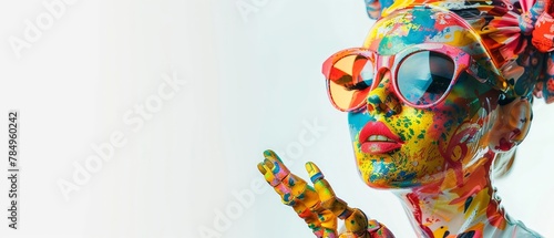 The coolest and funkiest plastic doll, one eye closed, holding up a technicolor poster, the pure white background accentuating its vivid colors, , 