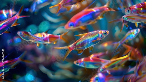 School of neon fish, darting, close-up, high-angle, underwater ballet, colorful chaos 