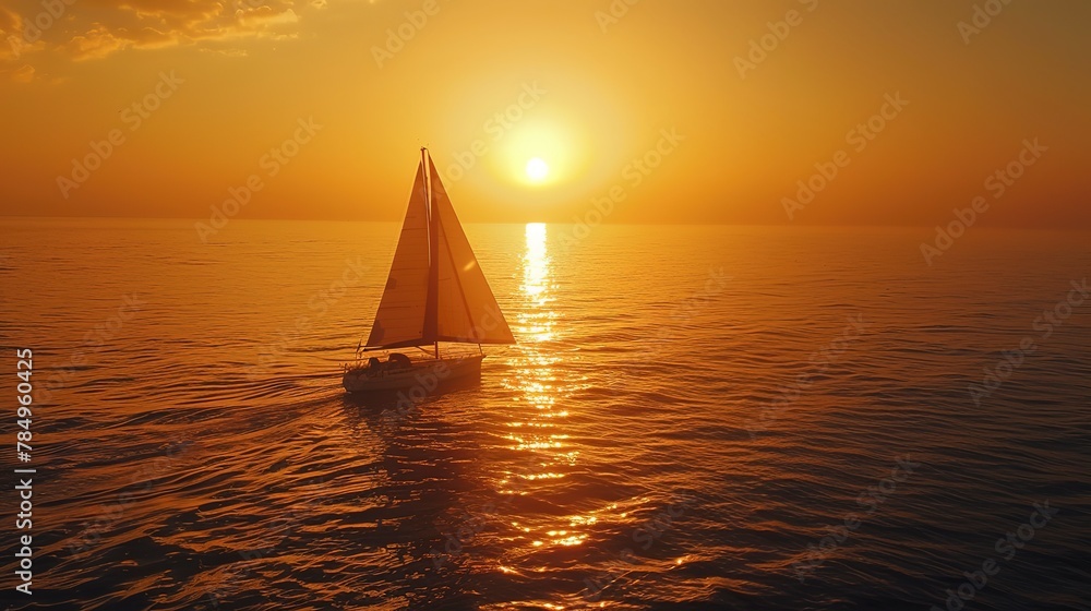 Sunset silhouette, lone sailboat, close-up, high-angle, golden horizon, peaceful journey 