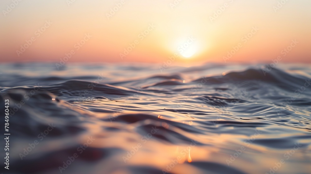 Sunrise hues, ocean's canvas, close-up, straight-on angle, pastel skies, calm waters
