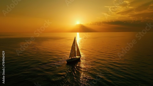 Sunset silhouette, lone sailboat, close-up, high-angle, golden horizon, peaceful journey 