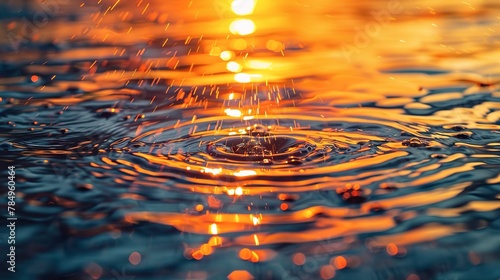 Sunset reflection, rippling water, close-up, ground-level shot, orange glow, tranquil end