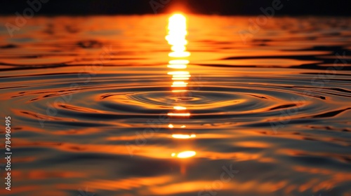 Sunset reflection, rippling water, close-up, ground-level shot, orange glow, tranquil end