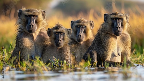 Baboon Family Gathering Around Watering Hole, Their Expressions Reflecting a Mix of Playfulness and Caution.