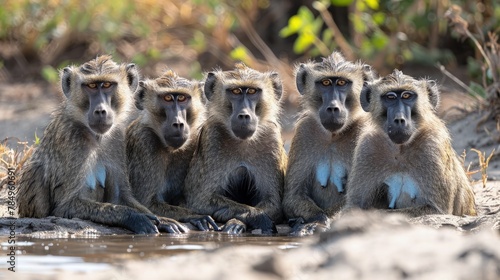 Baboon Family Gathering Around Watering Hole, Their Expressions Reflecting a Mix of Playfulness and Caution.