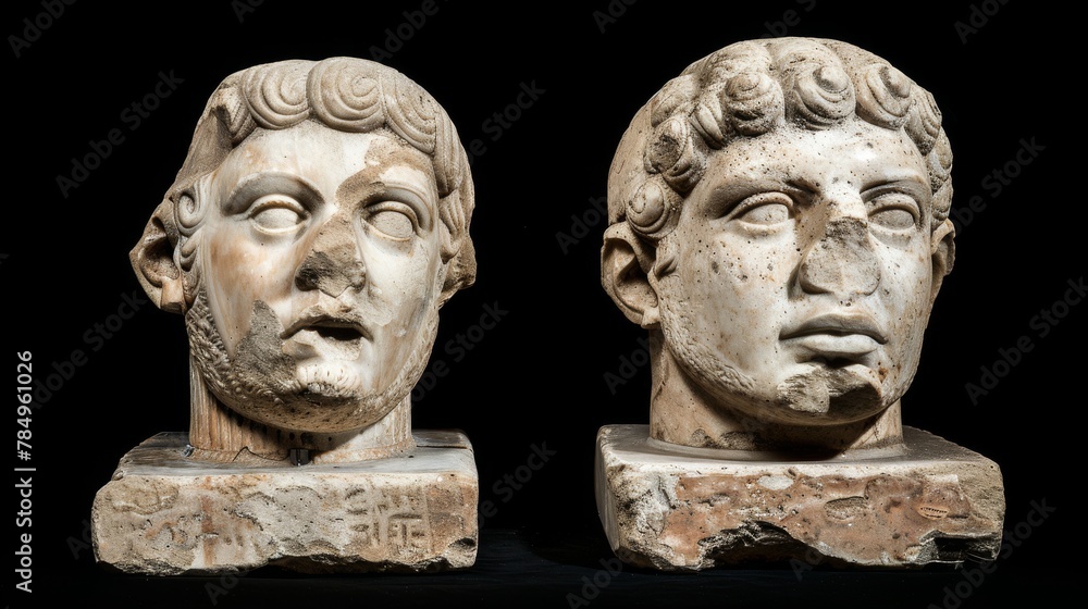 Obraz premium Classical ancient marble gypsum stoic, roman, greek bust, busts head sculpture against a colored background representing historical figures