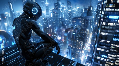 A futuristic character in a full bodied pose within a high tech, digital cityscape