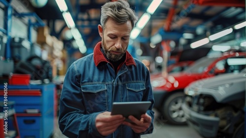 An automotive technician checks tasks on a digital tablet in an auto service