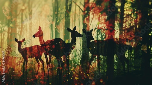Abstract Wildlife  Silhouettes or partial views of wildlife in the forest  blending into the abstract theme. 