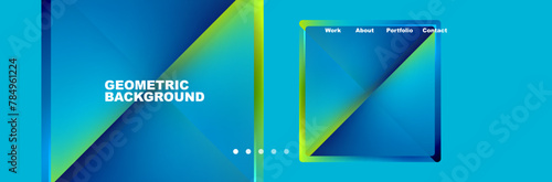 A symmetrical pattern of electric blue and yellow geometric shapes, including rectangles, circles, triangles, and parallel lines, with a square in the center on a technologythemed background photo