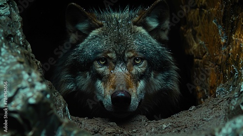 Red Wolf Emerging from the Shadows of a Dark Cave, Snout Wet with Fresh Blood. © pengedarseni