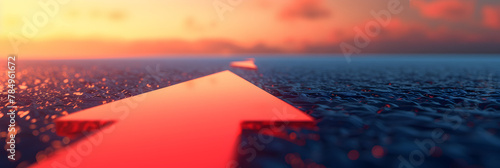 Asphalt road with a white arrow on the sunset background. Symbolizing motivation, progress, and the concept of continuous growth and forward movement photo