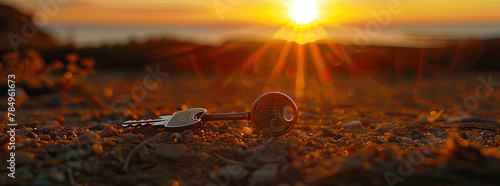 As the sun sets behind the horizon, a keychain made of engraved metal gleams in the fading daylight The camera angle captures the silhouette of the symbols