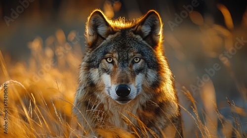 Timber Wolf Stalking Through Tall Grass, Eyes Fixed Intently on Its Prey. photo