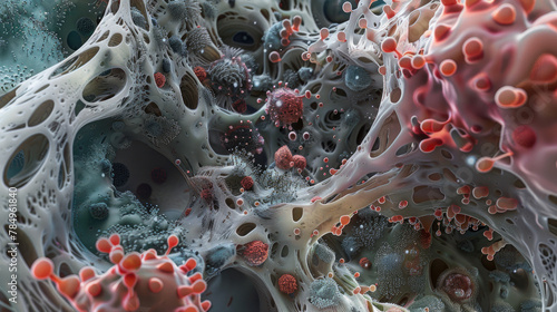 At the cellular level, within the human body, diverse microbial communities work harmoniously to maintain health The intricate scene is depicted in a 3D render