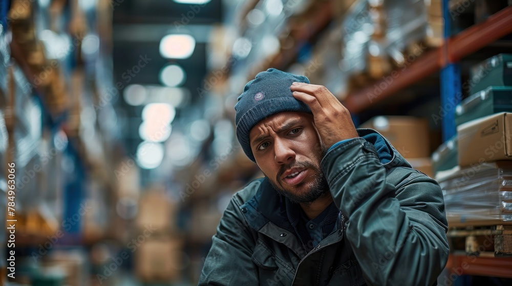 Tired worker holding his head in pain while working in a distribution warehouse Tired worker holding his head in pain while working in a distribution warehouse