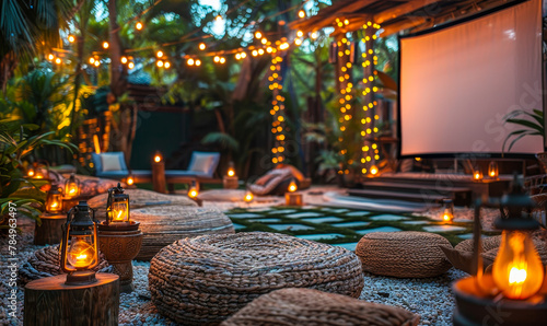 Backyard Cinematic Extravaganza: Outdoor Movie Night with Twinkling Lights & Cozy Seating for Corporate Events