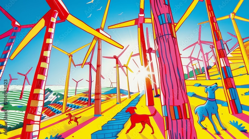 A pack of wild dogs navigating through a random, labyrinth of wind turbines, energy pioneers