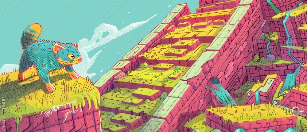 Obraz premium A pet ferret weaving through random, ancient ruins, tiny explorer, big world
