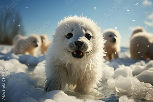 A white baby seal with a fluffy fur collar, sliding playfully on a snowy white ice surface.